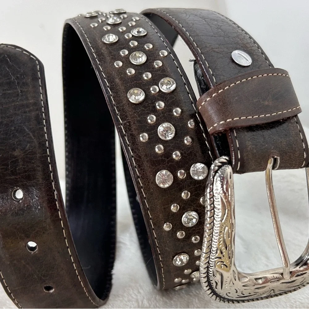 Western‎ Brown Leather Belt with Studs & Rhinestones 38